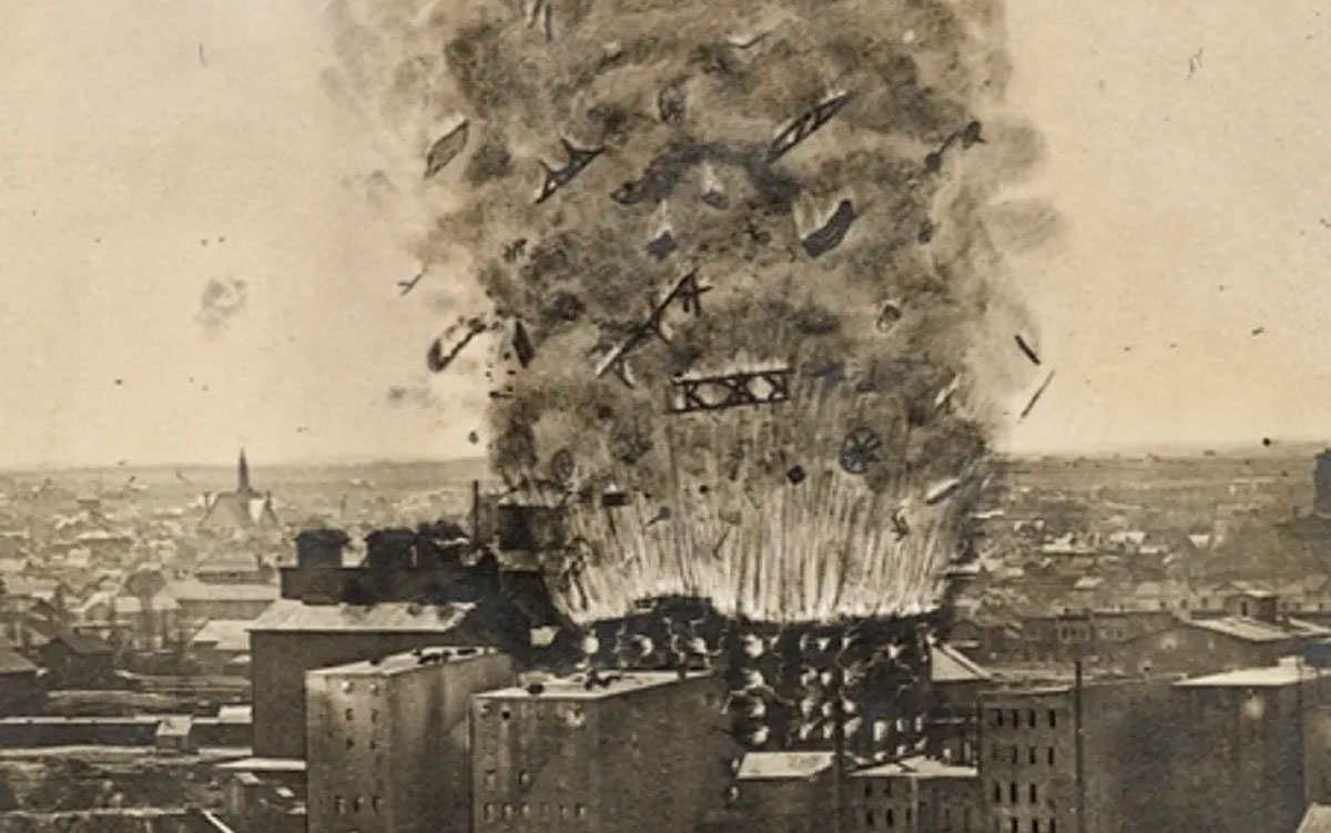 1878 photo of a large mill explosion due to common combustible dusts from grains