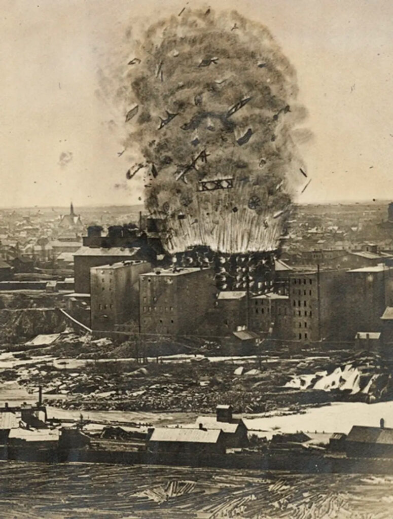 1878 photo of a large mill explosion due to common combustible dusts from grains