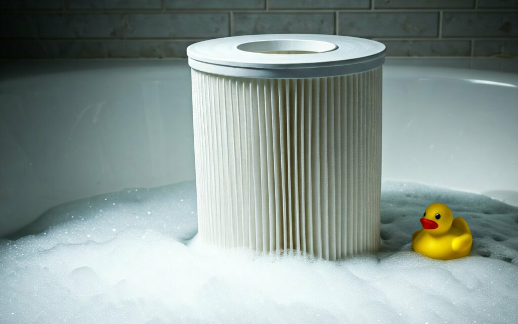 Washable dust collector filter shown in a sudsy bath with a rubber ducky